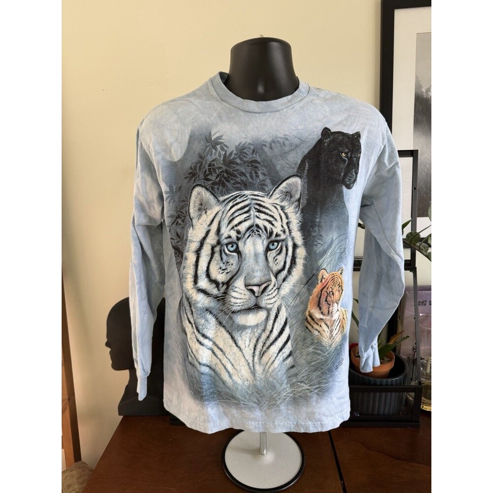 VTG Y2K Snow Leopard Tiger Long Sleeve Shirt M Big Graphic Leather Tag Mountain